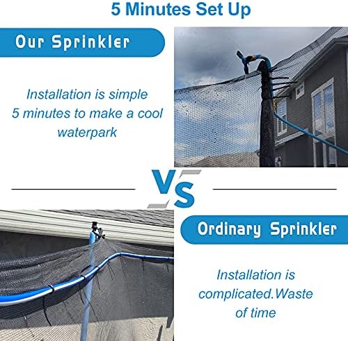 Vantic Trampoline Sprinkler installed on a backyard trampoline pole spraying water three hundred sixty degrees.
