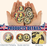 Twenty-four pieces of round metal prayer coins displayed together for church events.