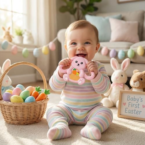 Colorful Easter basket stuffer baby rabbit teething toy displayed on a clean background