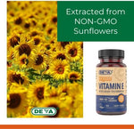 Top view of adult daily vitamin E capsule alongside the DEVA premium brand logo packaging