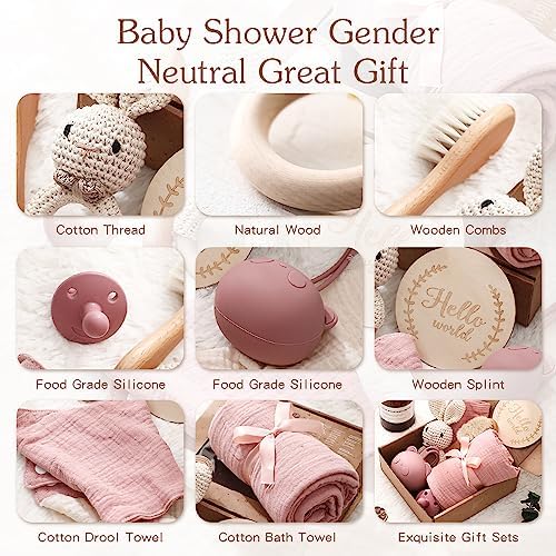 EERKEOD Baby Shower Gifts detailed view of pink muslin cotton swaddle blanket and silicone bear teether