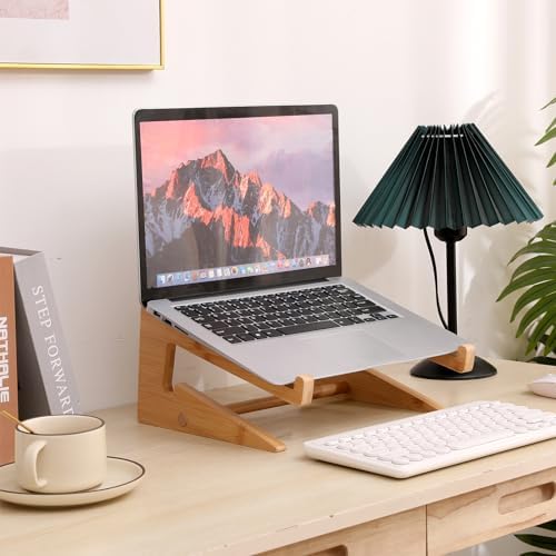 YOCAHAOY bamboo laptop riser angled view holding a modern notebook ergonomically