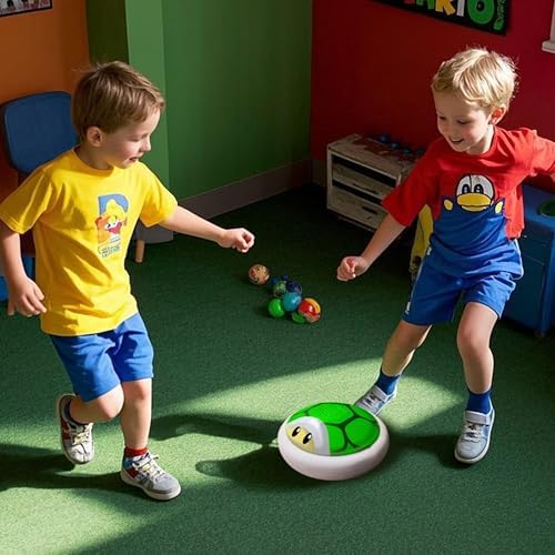 Air power hover soccer toy floating on a smooth wooden floor with glowing LED lights.