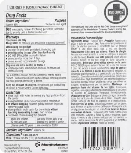 Back label details of Red Cross toothache drops highlighting eugenol ingredients and instructions.