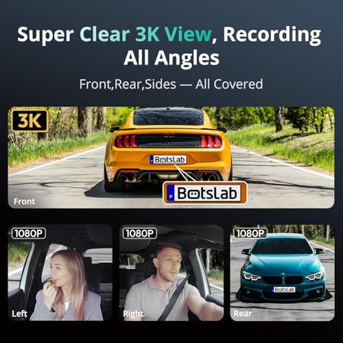 BOTSLAB multi camera car recorder displaying the 3.18 inch touch control display with quad screen playback layout