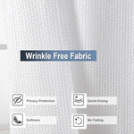 Close up view of the textured hotel style fabric on the OWENIE white shower curtain