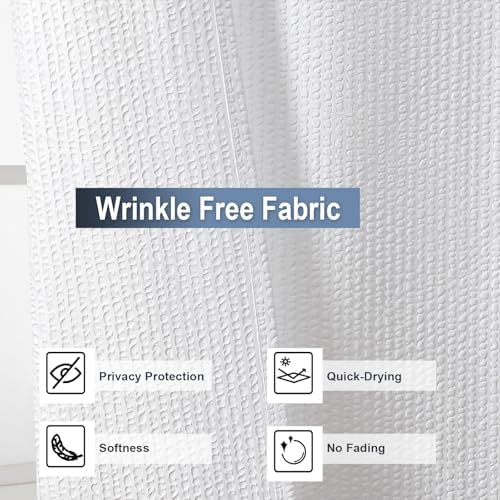 Close up view of the textured hotel style fabric on the OWENIE white shower curtain
