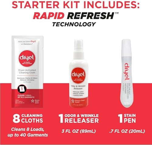 Dryel stain remover pen and wrinkle release spray bottles included in the kit.