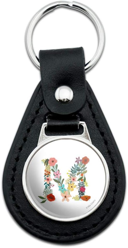 Graphics And More Black Leather Letter M Floral Monogram Initial Keychain front view