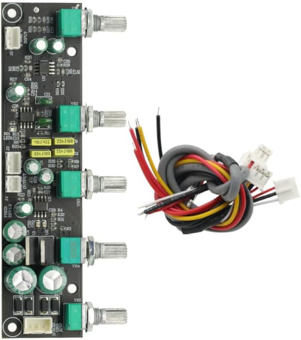 GODIYMODULES 2.1 channel preamp circuit board with blue potentiometers and dual op-amps