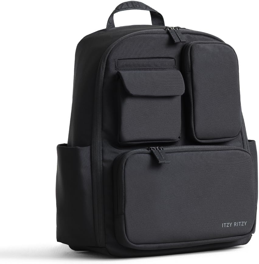 Itzy Ritzy Belong Utility Diaper Bag Backpack front view in black fabric showing its structured design.