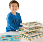 Pre-assembled powder coated metal puzzle holder rack close up on slots