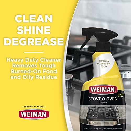 Weiman 2-in-1 stove and oven cleaner foam clinging to a dirty grill grate to dissolve baked-on grease