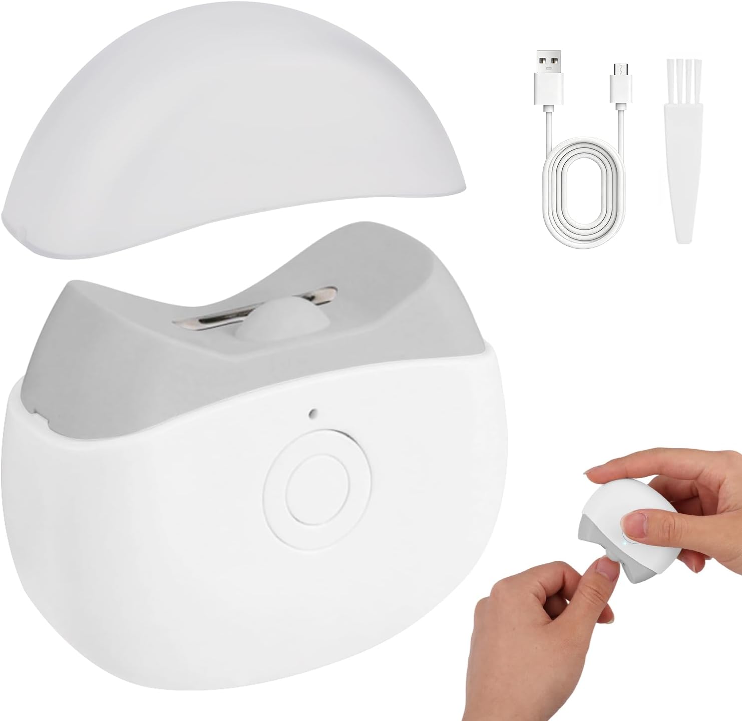 KRIPICS electric nail clipper automatic trimmer in white showing the front view with power button