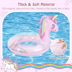 Side angle of MoKo glitter unicorn pool float showing transparent PVC