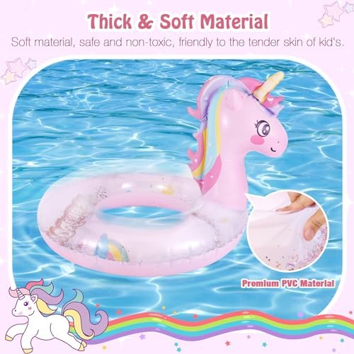 Side angle of MoKo glitter unicorn pool float showing transparent PVC