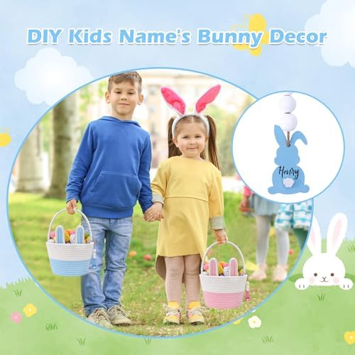 OIASKET blue bunny basket styled as a decorative storage organizer on a nursery room shelf.