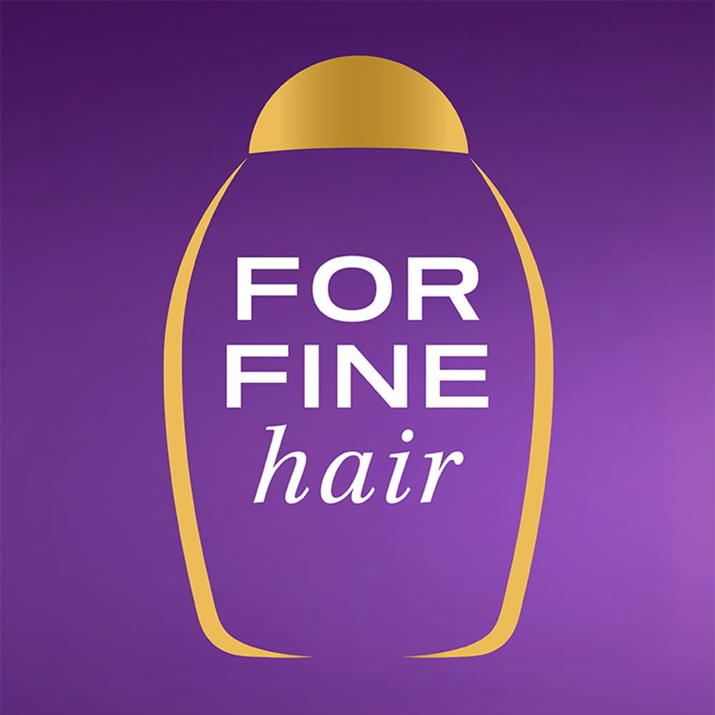 OGX 385 ml bottle displayed with hair volume benefits