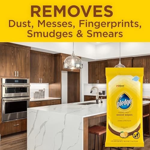 Pre-moistened lemon scented furniture polish sheet being pulled from package