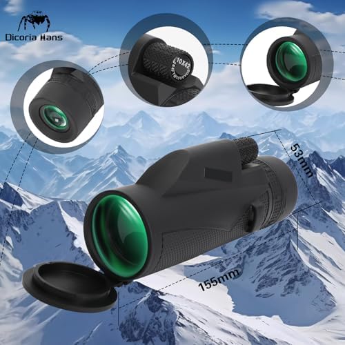 Ergonomic handheld monocular with non-slip striped rubber armor being held for one-handed focusing.
