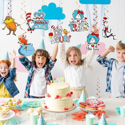 Metallic foil hanging swirls reflecting light in a decorated birthday room
