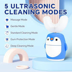 Blue penguin automatic timer toothbrush displaying the five smart sonic cleaning modes.