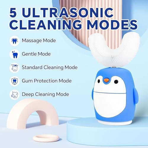 Blue penguin automatic timer toothbrush displaying the five smart sonic cleaning modes.