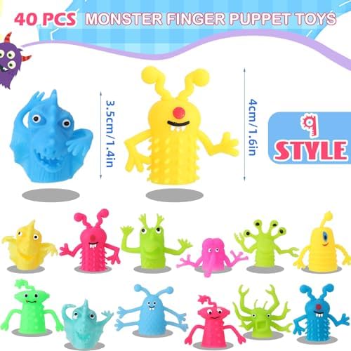Assorted collection of forty stretchy miniature monster dolls showcasing nine distinct vibrant styles.