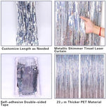 Shimmering silver foil fringe curtains used as a background for birthday and graduation photo booths.