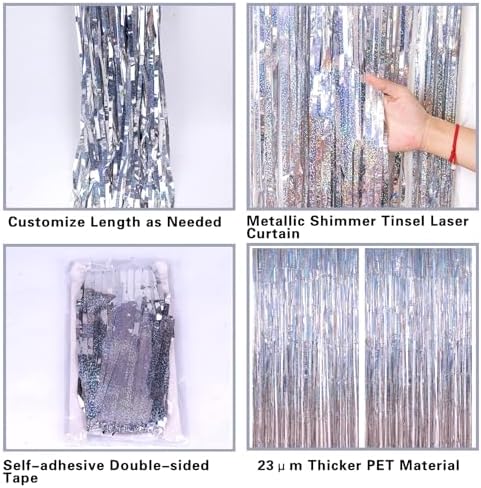 Shimmering silver foil fringe curtains used as a background for birthday and graduation photo booths.