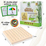 Toddler hand placing a colored elastic band on the Panda Brothers educational graphics toy board