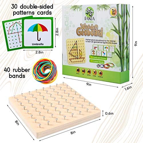 Toddler hand placing a colored elastic band on the Panda Brothers educational graphics toy board