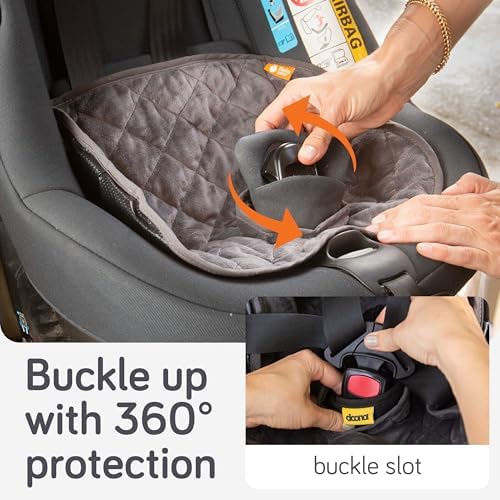 Baby Uma car seat pee protector showing 360 degree buckle slot