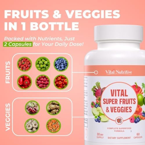 Close up of Vital Nutritive 60 count superfood supplement bottle