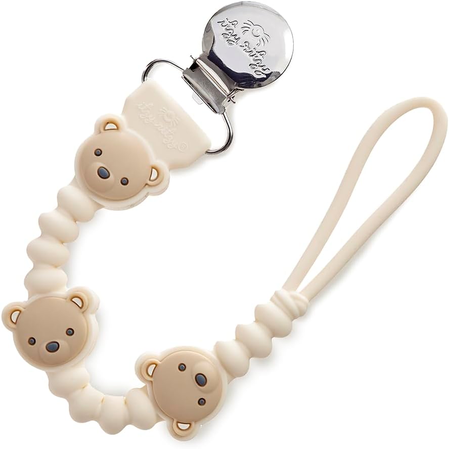 Itzy Ritzy silicone pacifier clip front view showing bear character design
