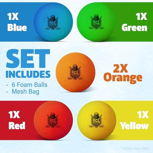 Multi color two inch soft foam balls for quiet knee hockey and floor games.