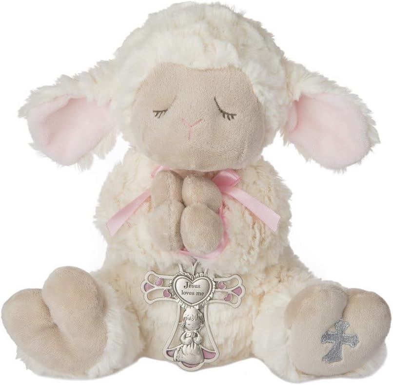 Ganz Serenity Lamb front view featuring pink ribbon and praying hands holding a silver cross.