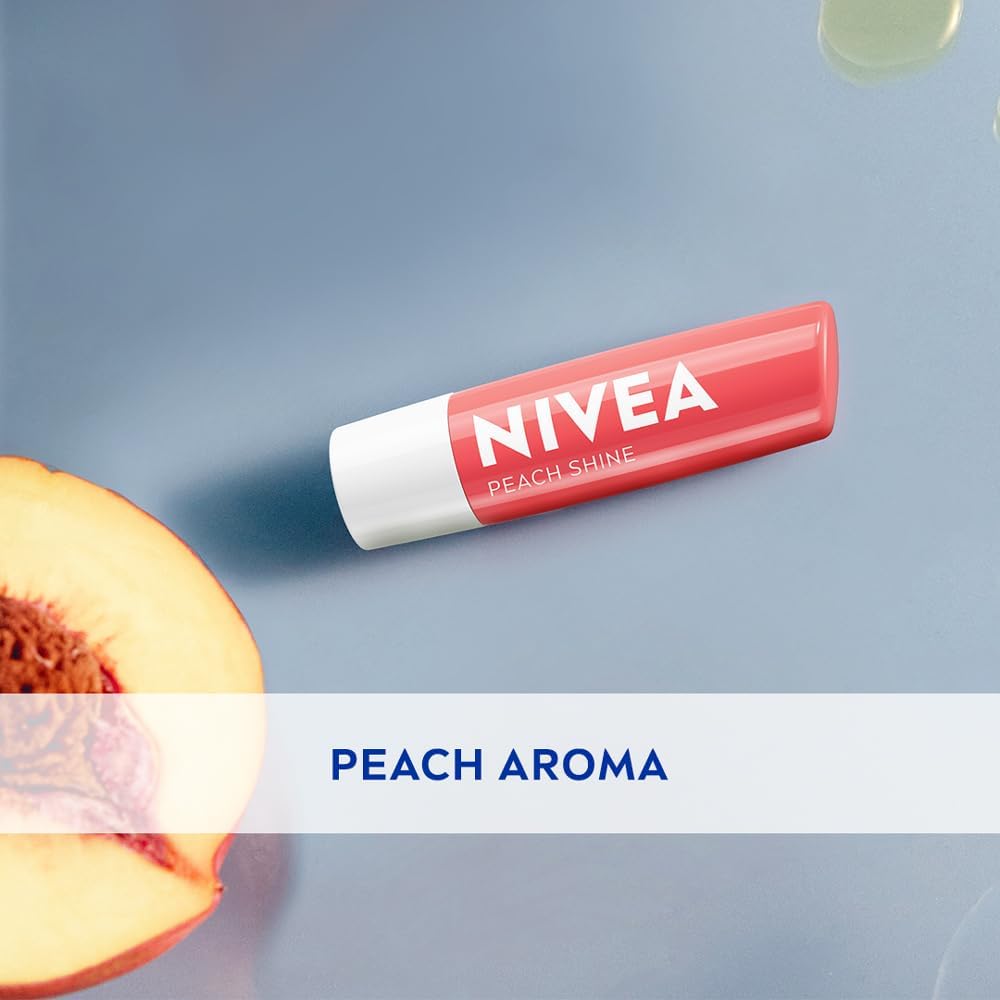 Nivea Fruity Peach Shine swatch and glossy finish
