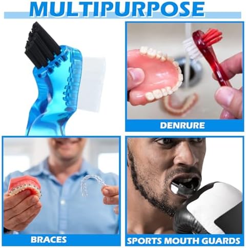 Compact portable false teeth toothbrush showing the main brush head and reverse bristle side