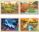 Four individual twenty-four piece wooden dinosaur jigsaw puzzles displayed side by side with trays