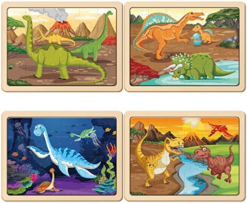 Four individual twenty-four piece wooden dinosaur jigsaw puzzles displayed side by side with trays