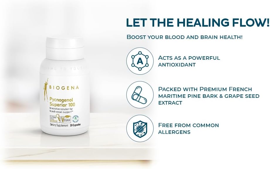 Biogena vascular and microcirculation support capsules highlighting grape seed extract content.