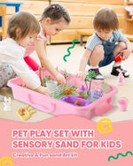Child interacting with dog and cat figures in the sensory sand