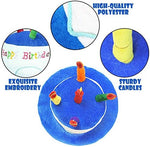 Novelty Place Blue Plush Happy Birthday Cake Hat side angle showing embroidered candles