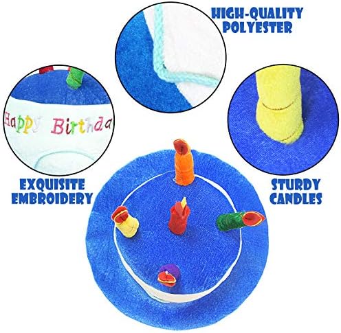 Novelty Place Blue Plush Happy Birthday Cake Hat side angle showing embroidered candles