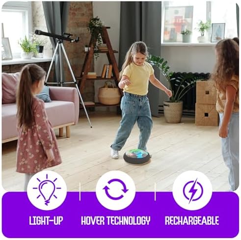 Action shot of a kid kicking the rechargeable air floating soccer game across a tiled living room floor