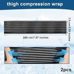 Adjustable black thigh compression wrap shown on a quadriceps muscle