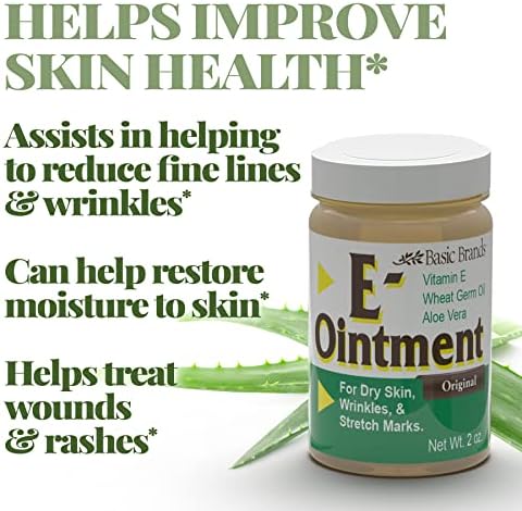 Basic Brands Vitamin E two ounce skin protectant formula highlighting wheat germ oil and aloe vera ingredients