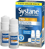 Close up of Systane PRO PF packaging showing triple action hydrate restore and protect benefits.