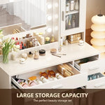 ENDYOE white vanity table featuring three storage drawers and open shelves filled with cosmetics.